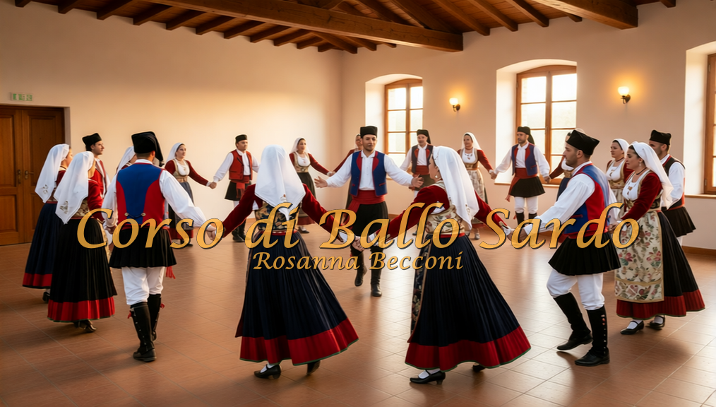 Ballerini in abiti tradizionali che danzano in cerchio al corso di ballo sardo