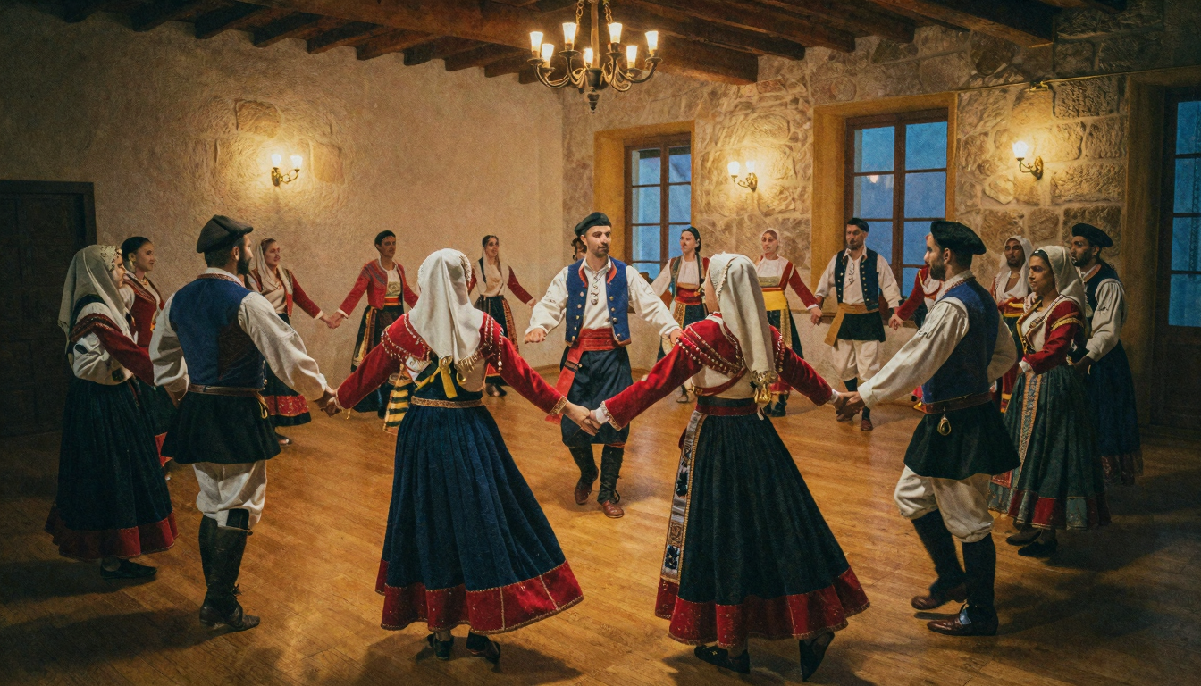 cerchio-di-ballo-sardo-tradizionale-in-costume ballerini in costume tradizionale sardo ballano in cerchio il ballo sardo tradizionale