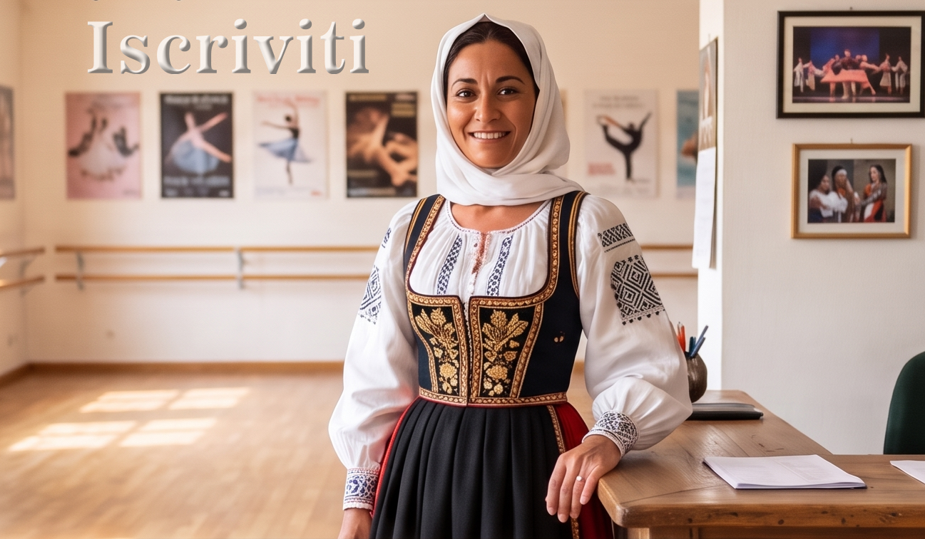 Segretaria in costume tradizionale sardo accoglie gli iscritti al bancone della scuola di ballo sardo